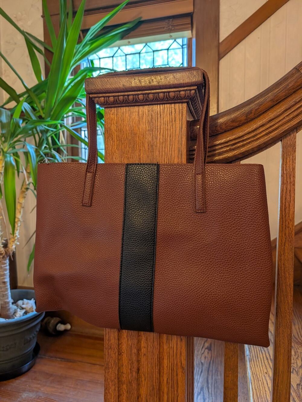 Vince Camuto Luck Tote Brown Black Vegan Leather Handbag Shoulder Bag